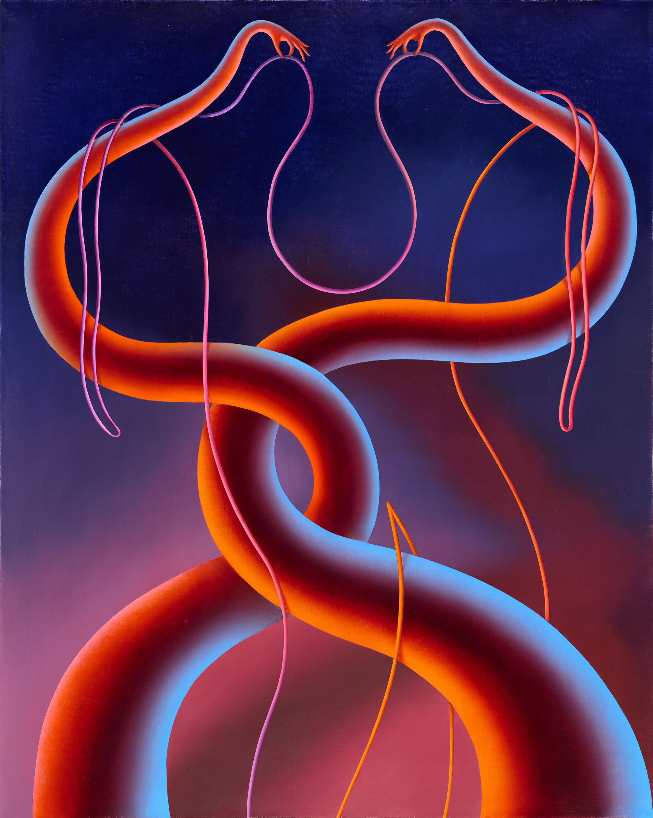 KI generiert: Das Bild zeigt zwei ineinander verschlungene Schlangengestalten mit leuchtenden Farben, die sich vor einem dunklen Hintergrund heben. Die Schlangen scheinen sich elegant zu umschlingen und schweben im Raum.