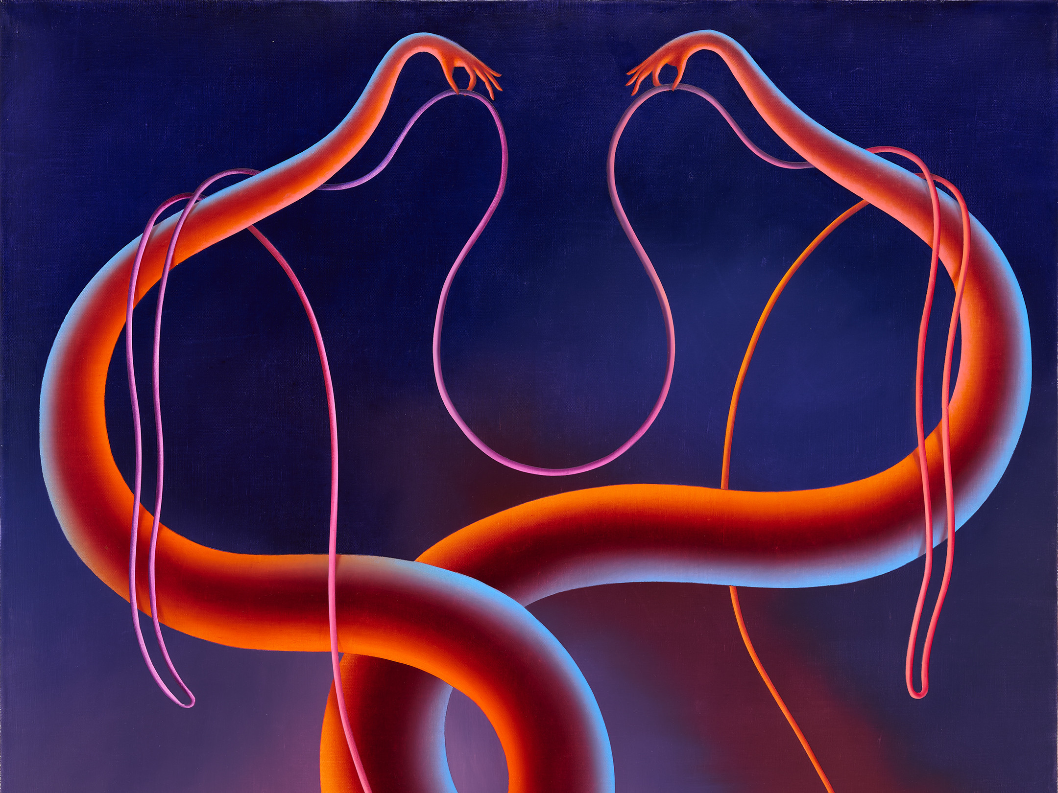 KI generiert: Das Bild zeigt zwei ineinander verschlungene Schlangengestalten mit leuchtenden Farben, die sich vor einem dunklen Hintergrund heben. Die Schlangen scheinen sich elegant zu umschlingen und schweben im Raum.