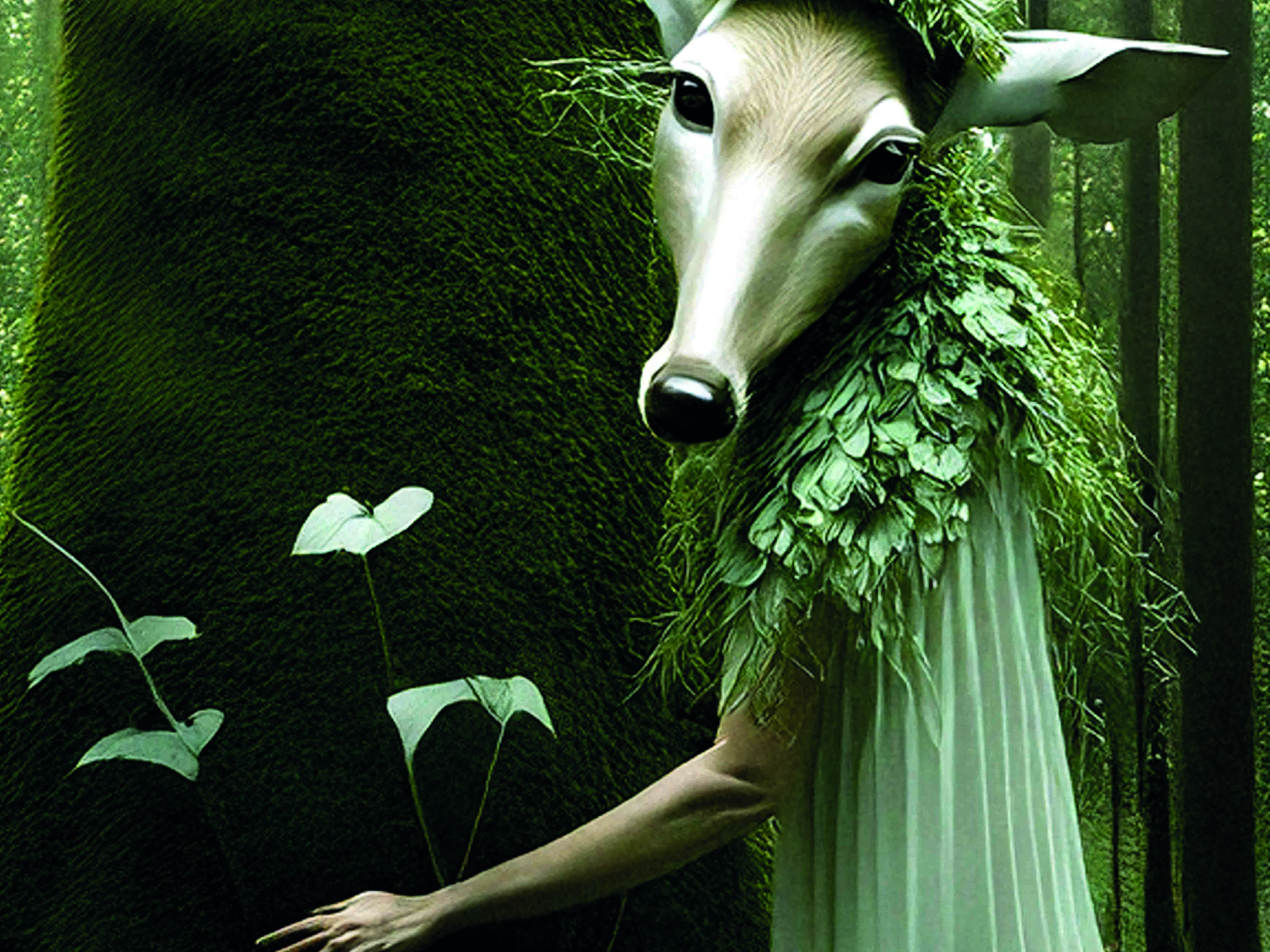 KI generiert: Das Bild zeigt eine Person mit einer Hirschmaske und einem mit Blättern verzierten Umhang in einem Wald. Die Szene vermittelt ein mystisches, naturverbundenes Erscheinungsbild.
