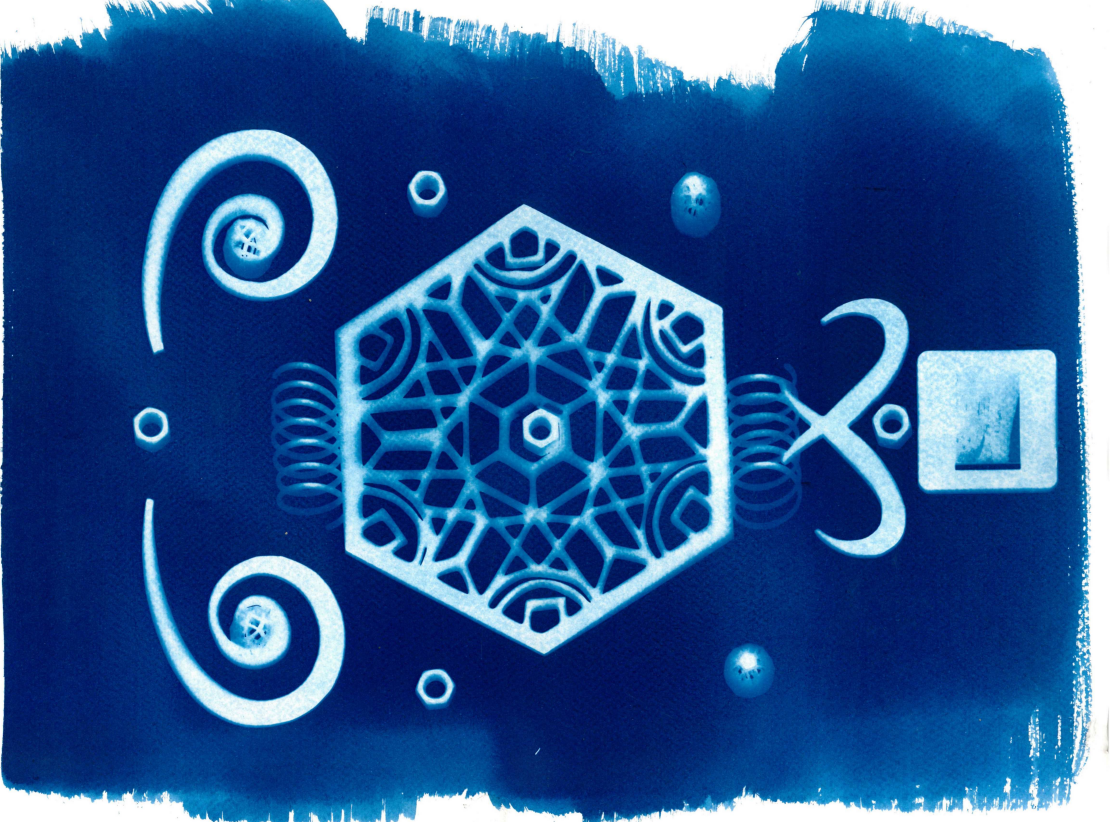 KI generiert: Das Bild zeigt ein geometrisches Muster im Stil einer cyanotypischen Fotografie, mit einem zentralen sechseckigen Design und dekorativen Elementen. Die Komposition hat einen blauen Hintergrund mit weißen Akzenten.
