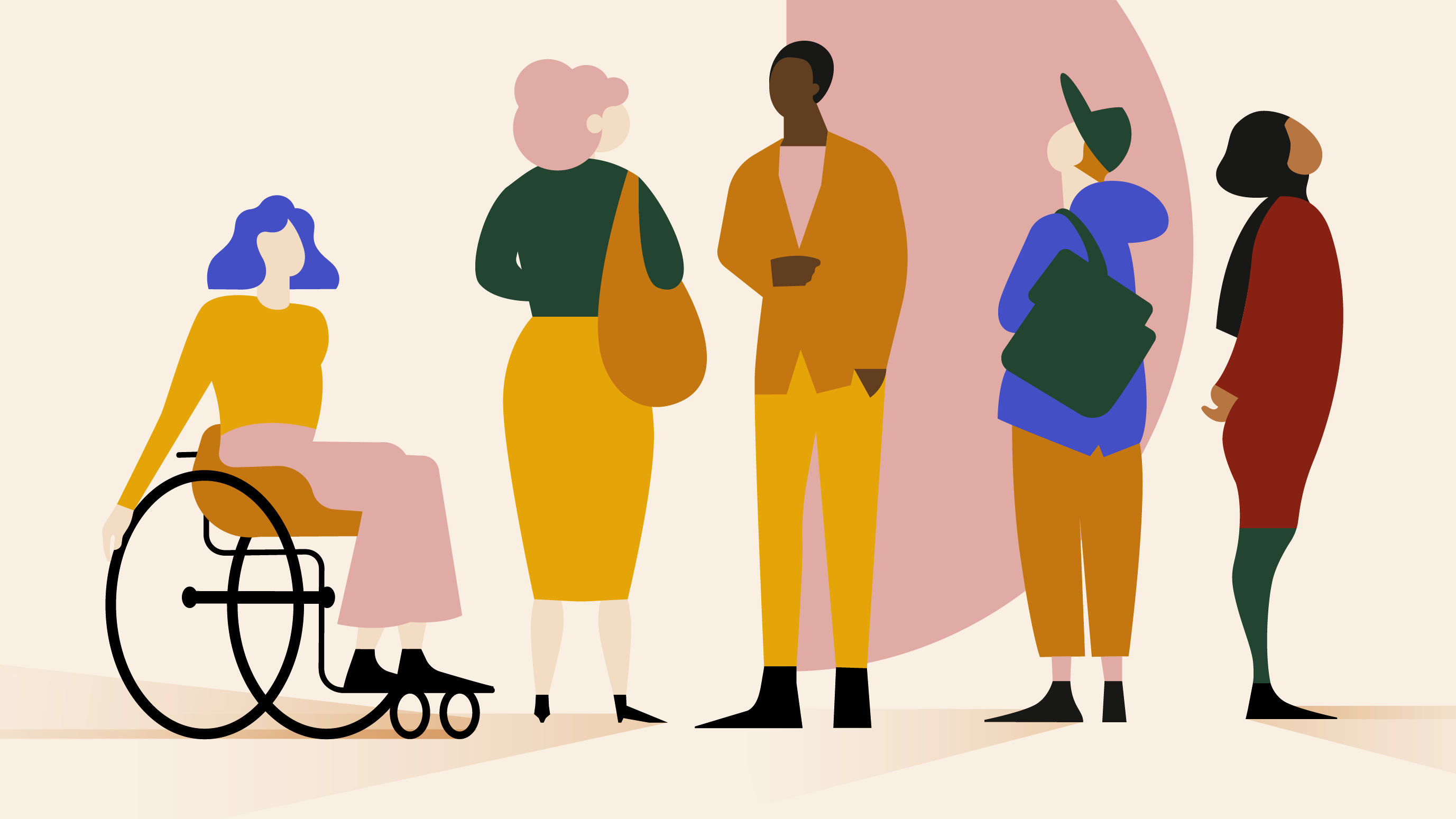 KI generiert: Das Bild zeigt eine stilisierte Darstellung von fünf diversen Personen, von denen eine im Rollstuhl sitzt. Sie sind in unterschiedlichen Posen gekleidet, was Vielfalt und Inklusion symbolisiert.