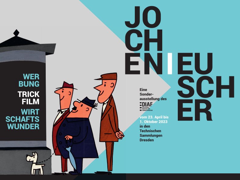 KI generiert: Das Bild ist ein Plakat für eine Sonderausstellung des DIAF in Dresden, die vom 23. April bis 1. Oktober 2023 stattfindet. Es zeigt eine Gruppe von gezeichneten Charakteren, die vor einer Litfaßsäule mit der Aufschrift »WERBUNG TRICK FILM WIRTSCHAFTS WUNDER« stehen.