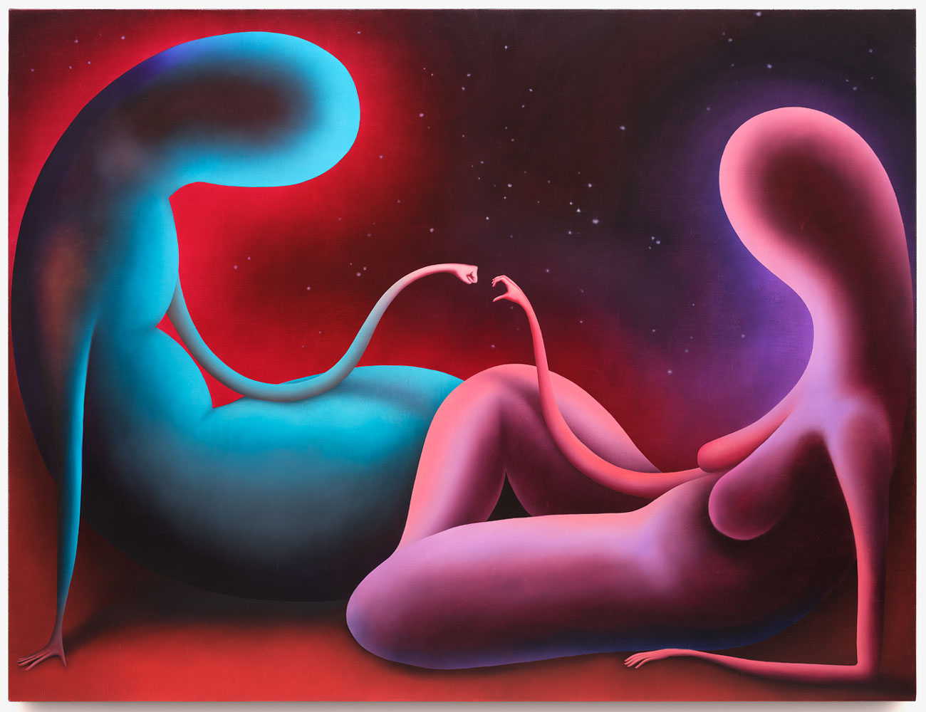 KI generiert: Das Bild zeigt zwei abstrakte, farbenfrohe Figuren in einer surrealen, kosmischen Umgebung. Die Wesen scheinen miteinander in einer Art sanfter Interaktion verbunden zu sein, umgeben von einem lebhaften Farbverlauf.