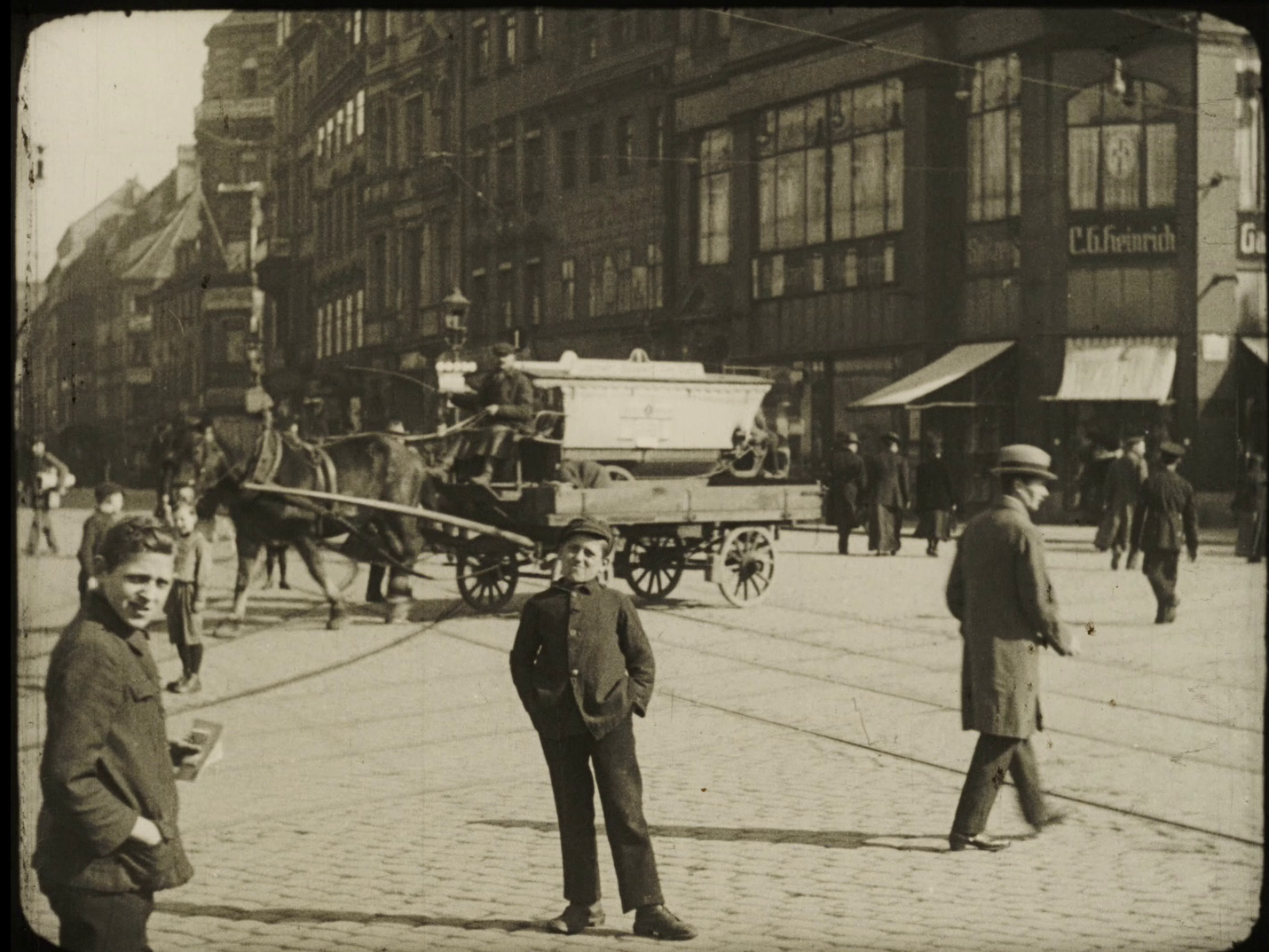 AI generated: The image shows a busy street from an earlier time with several people, including two boys in the foreground. A horse-drawn carriage and historical buildings can be seen in the background.